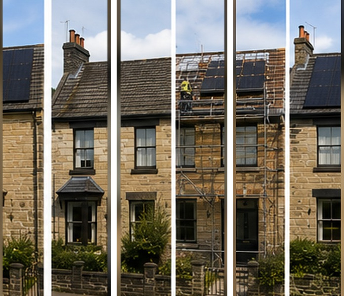 Illustrative example of a solar installation on a Bradford home, before, during and after